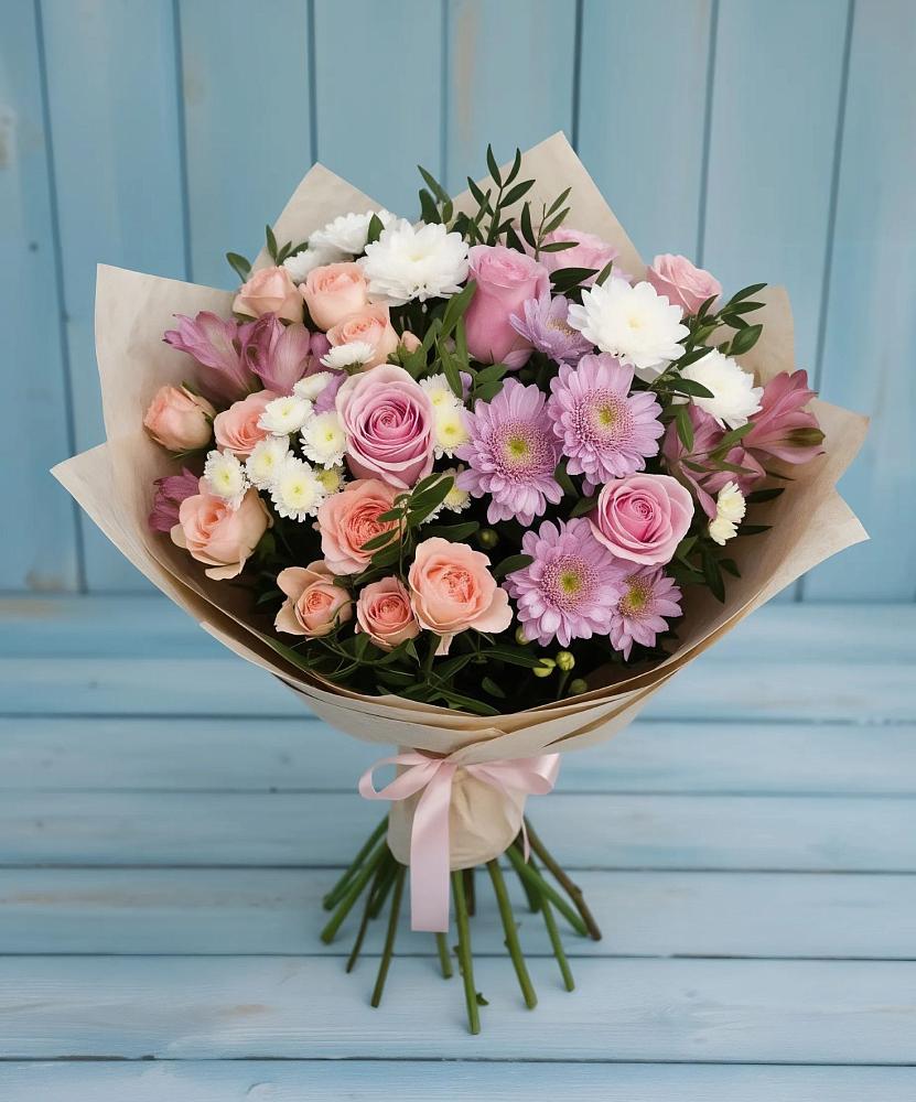 Букет цветов из: Хризантемы, Розы и Альстромерии в Ганусово