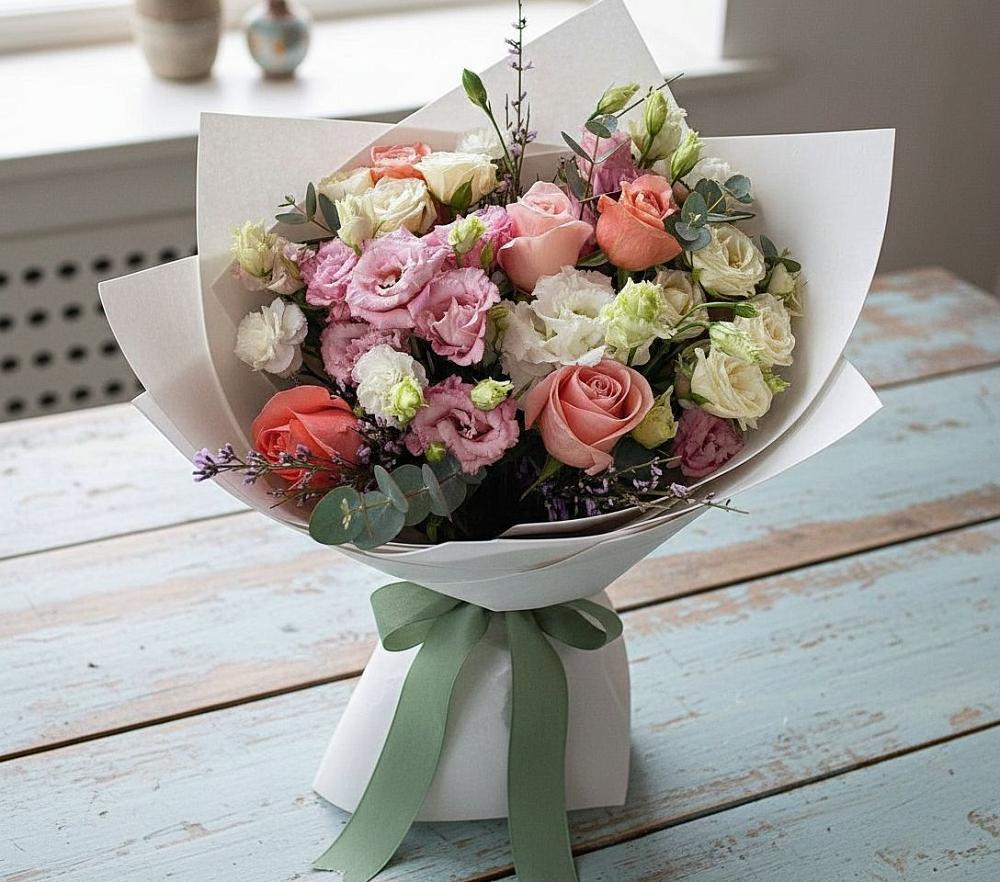 Букет цветов из: Розы, Лизиантусы и Гвоздики в Ганусово