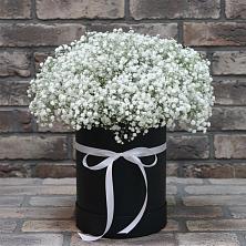 Цветочная композиция из Гипсофила в шляпной коробке в Ганусово
