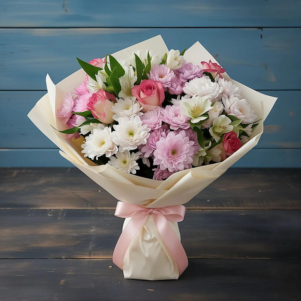 Букет цветов из: Хризантемы, Альстромерии и Розы в Ганусово